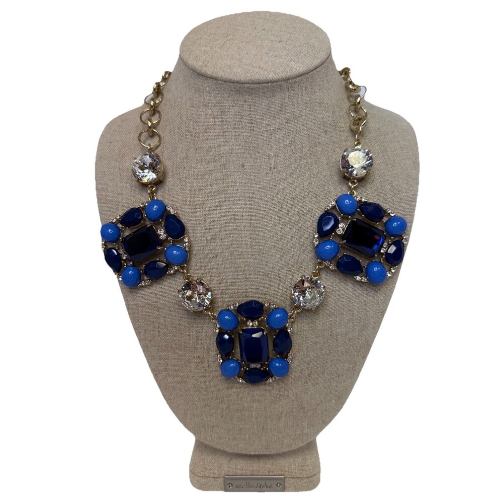 Talbots Blue & Clear Rhinestone Chunky Statement Gold Tone Chain Necklace